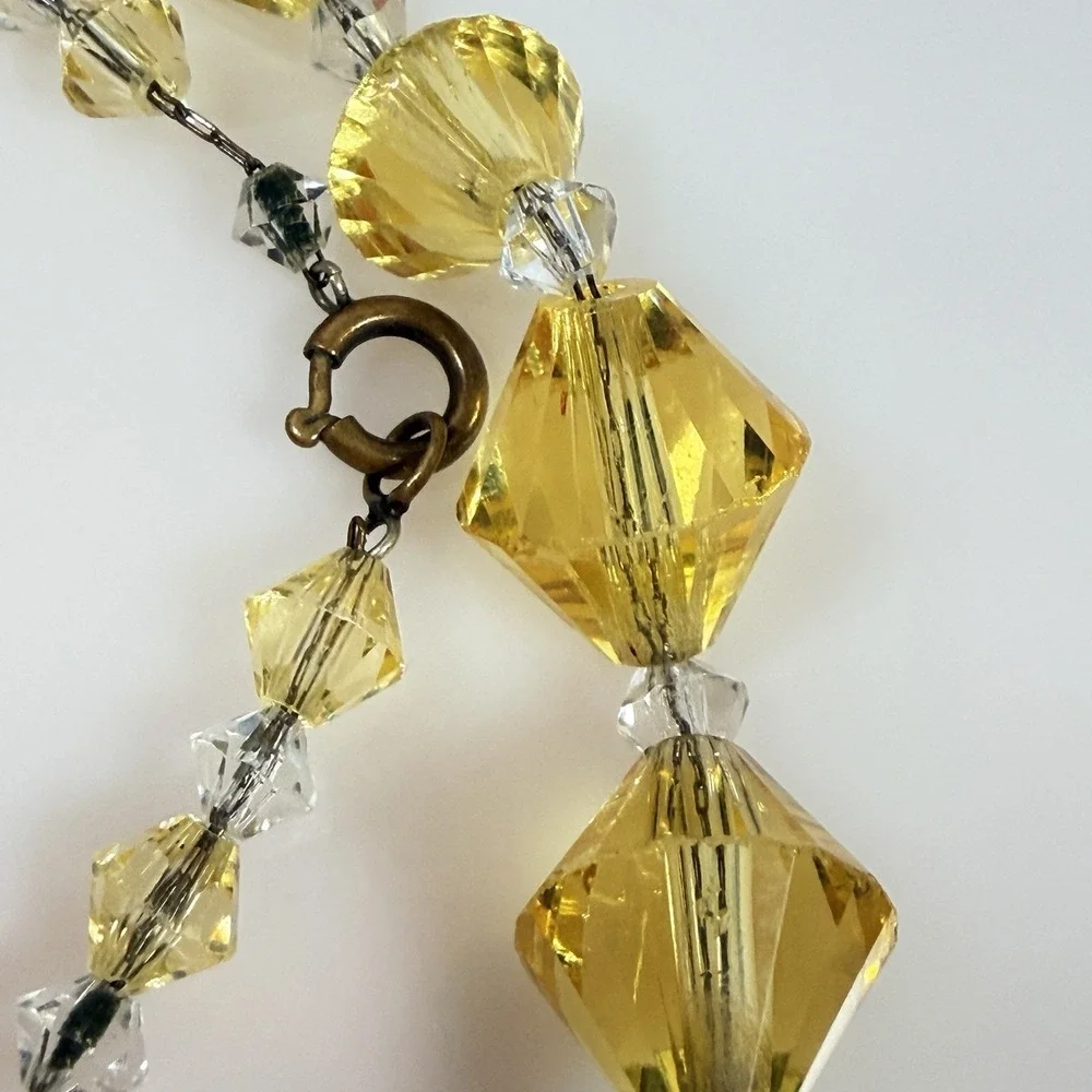 Vintage Faceted Glass Necklace Yellow Bicone Beads Clear Crystal Spacers 16
